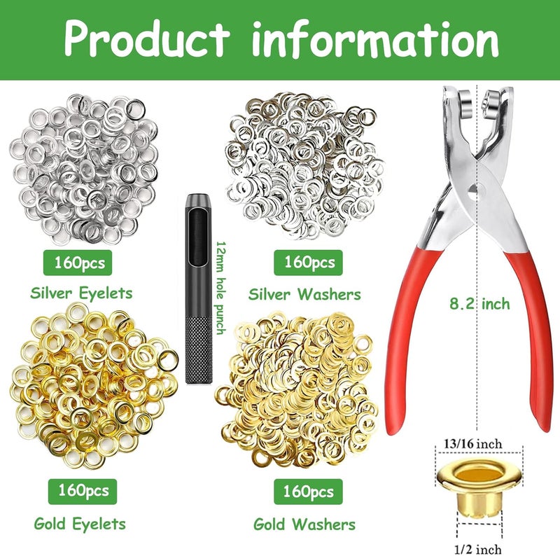 NXTOV 640Pcs Grommet Tool Kit with Eyelet Pliers, 1/2 Inch 12mm(Inside Diameter) Grommet Eyelet Pliers Kit with Washers, and Hole Punch Grommet Hand Press kit (160set Silver + 160set Gold) - Image 3